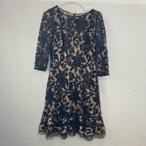 Tadashi shoji navy blue lace dress with nude lining and wide ribbon belt